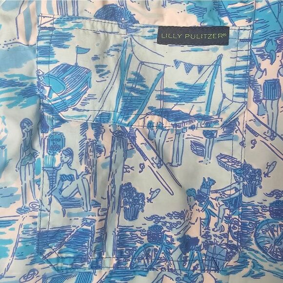 LILLY PULITZER Blue Pattern Swim Trunks Capri Bathing Suit Mesh Lined  - Size L - Picture 4 of 7